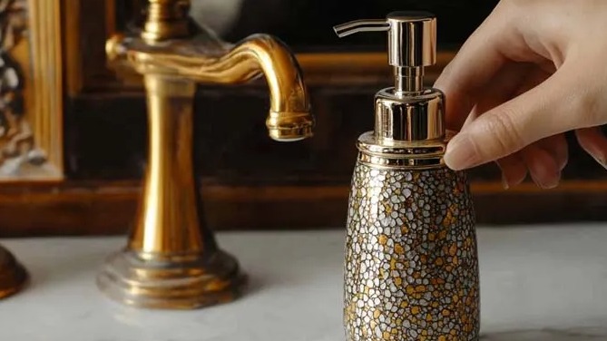 The five-piece resin bathroom accessory set exudes a luxurious and elegant aura